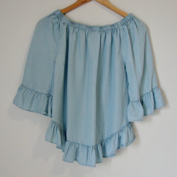 Ruffled Chambray Blouse Top Light Blue Boho Peasant Off Shoulder Size Small - Picture 12 of 14